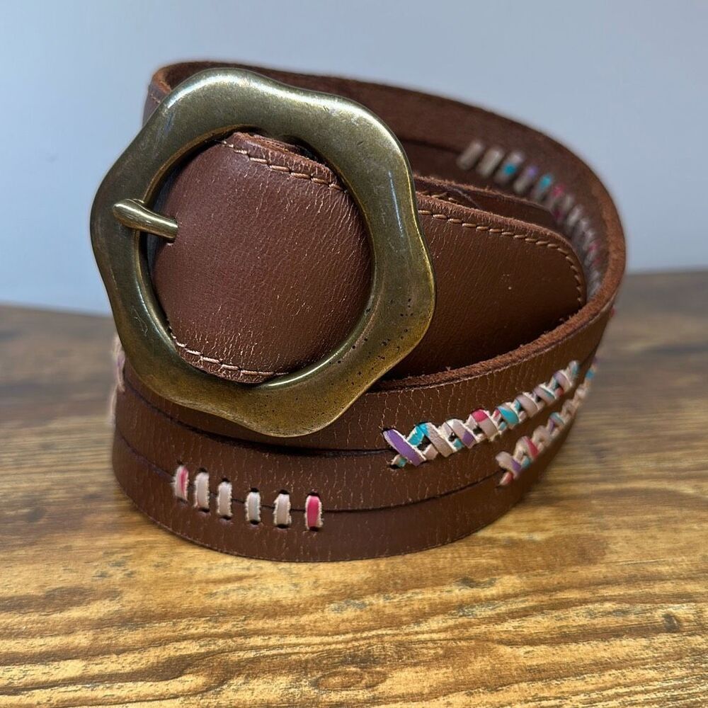 Lucky Brand Brown Leather Belt with Multicolor Stitching & Brass Flower Buckle